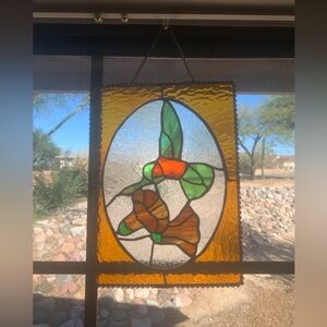 Handmade Stained Glass Hummingbird Panel - Green, Orange, Brown